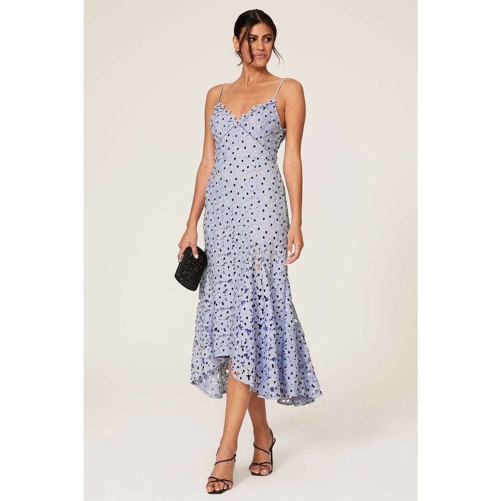 Sau Lee Lucy Blue Printed Lace Polka Dot Sleeveless Midi Dress Size 8